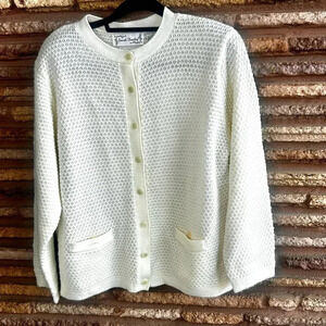 Sarah Bentley Vintage White Textured Knit Grandma Cardigan Sweater Size XL